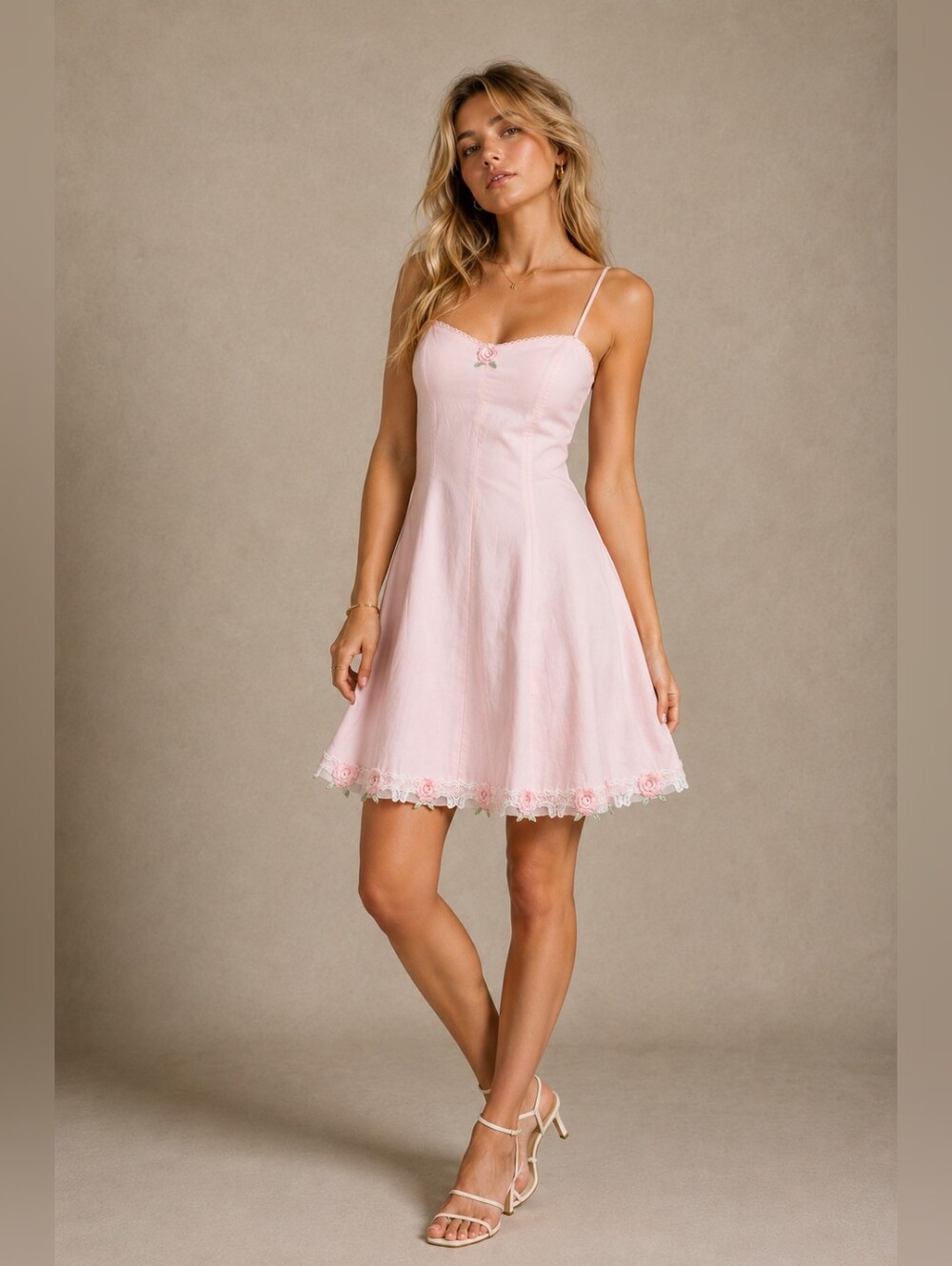 Pink Cotton Mini Dress – Reworked Floral Lace Coquette Summer Dress